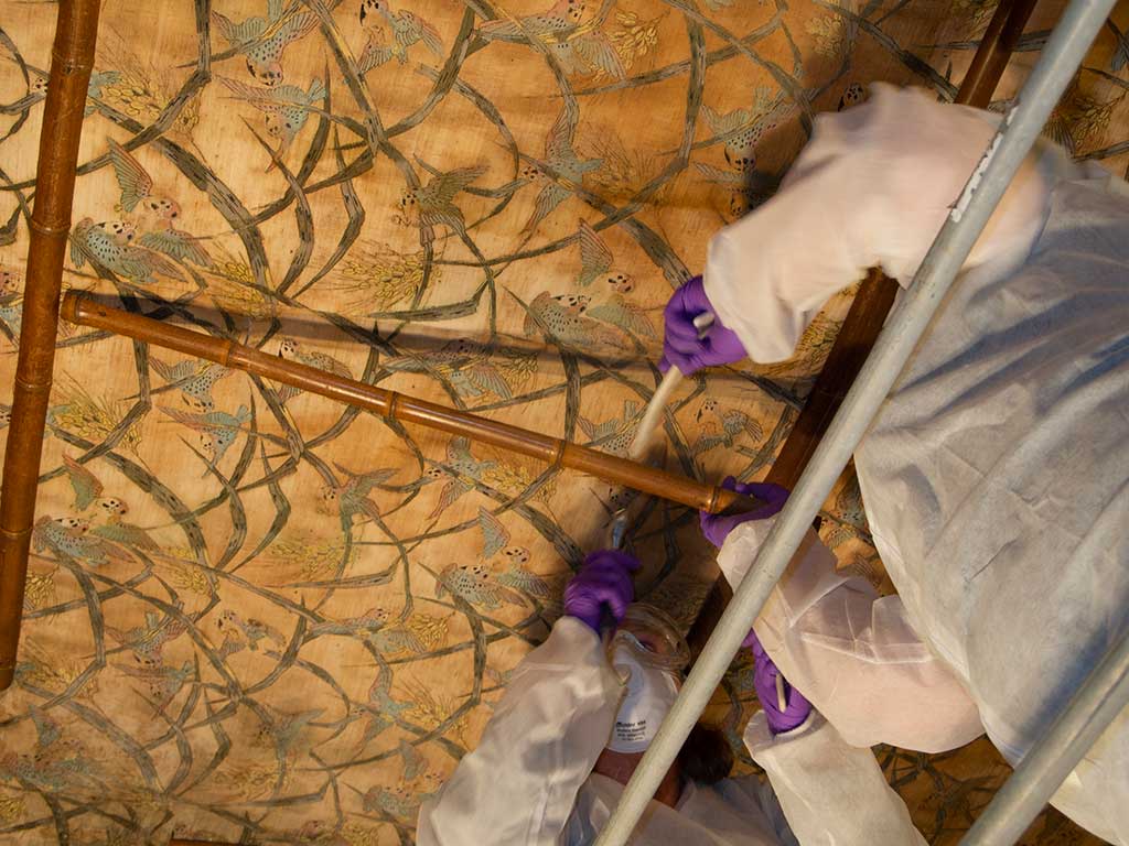 The bamboo lattice was mapped prior to being de-installed from the wallpapered ceiling so that it could be accurately reinstalled by Jekyll Island staff during the later stages of the project.