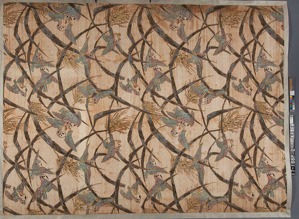 During conservation treatment at NEDCC, both washing and stain reduction efforts were successful, significantly reducing the previously disfiguring stains and improving the visual coherency of the wallpaper’s design. 