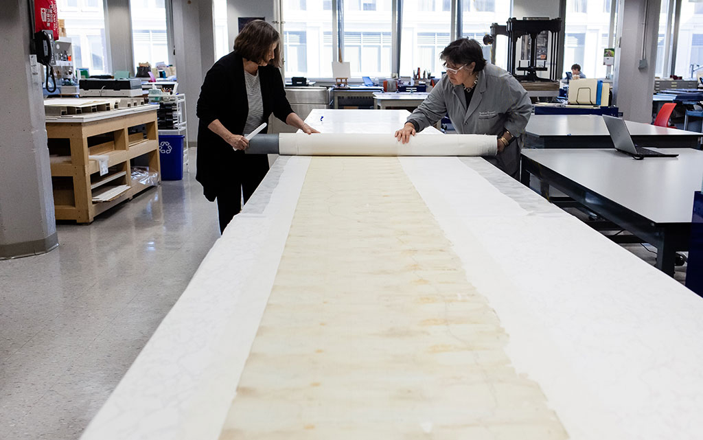 The map presented a unique challenge for the Center’s conservators that was accomplished with coordinated team effort and thanks to the spacious NEDCC Paper Conservation Lab, which can accommodate work on very oversize objects.