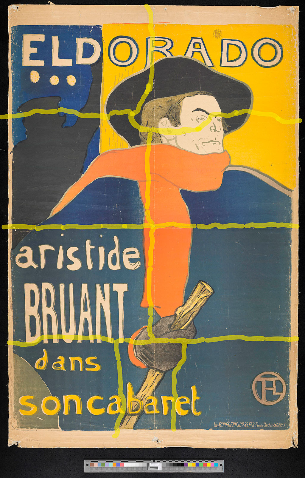 Aristide Bruant dans son Cabaret Poster with seams highlighted in the software, illustrating the relationship of the 9 separate image files required to capture the poster in its entirety.