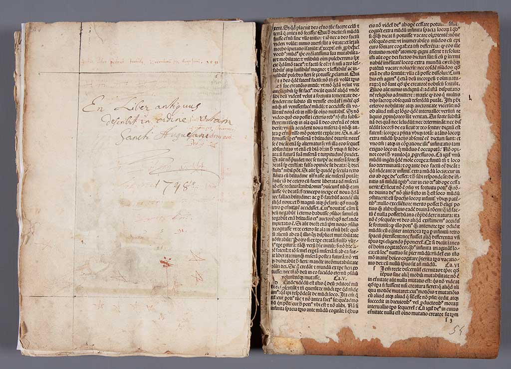 The printer’s waste pastedown on the back board is folio s3 of the Freiburg 1494 edition of Augustine's City of God, which helps date the binding