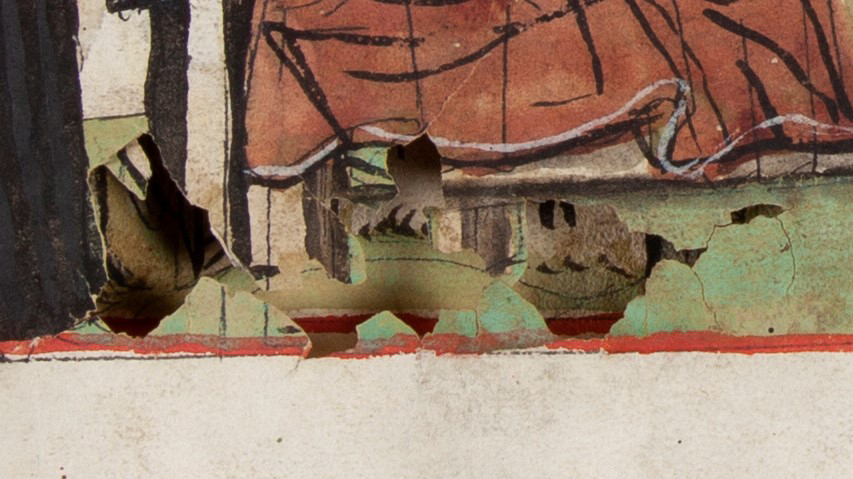 This loss, shown on verso, illustrates the difficulty of repairing damage in areas containing media on both sides of the page