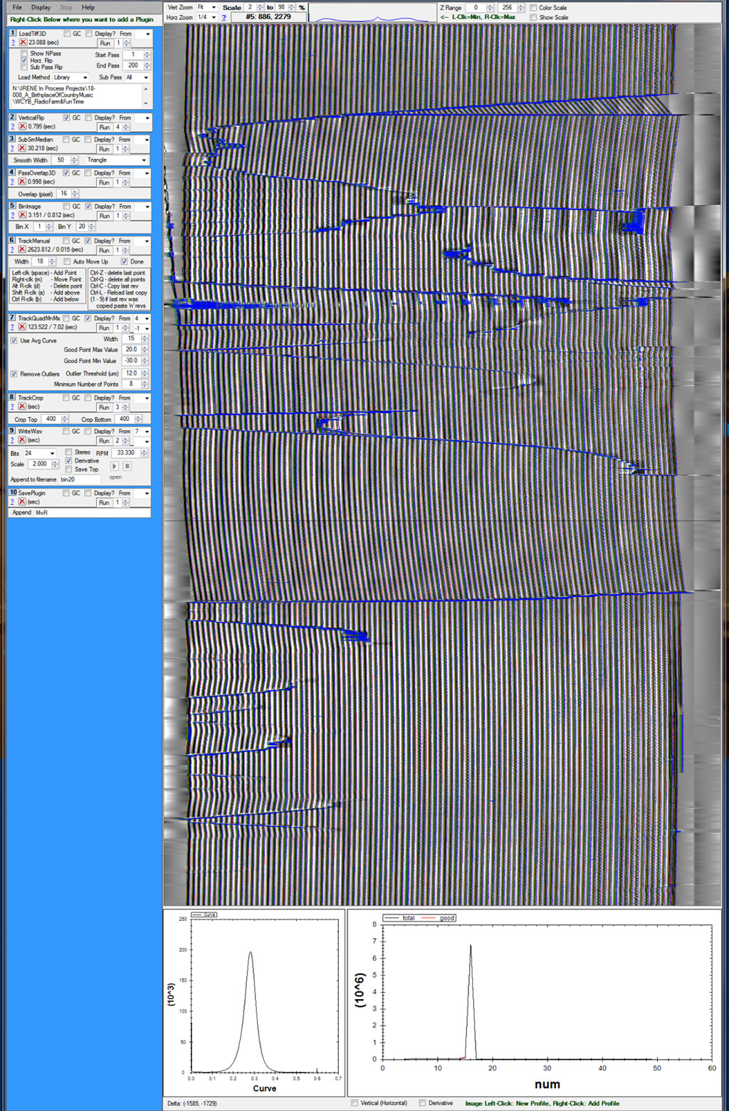 A TIFF image of the grooves being processed for audio in the Weaver software after it has been “manually tracked.”